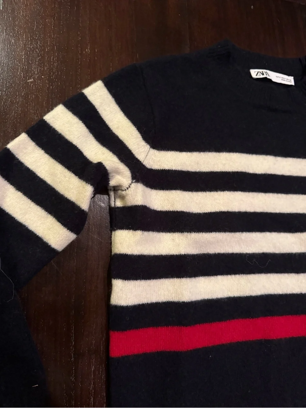 Zara Women’s Navy Striped Crewneck Sweater with Red and White stripes